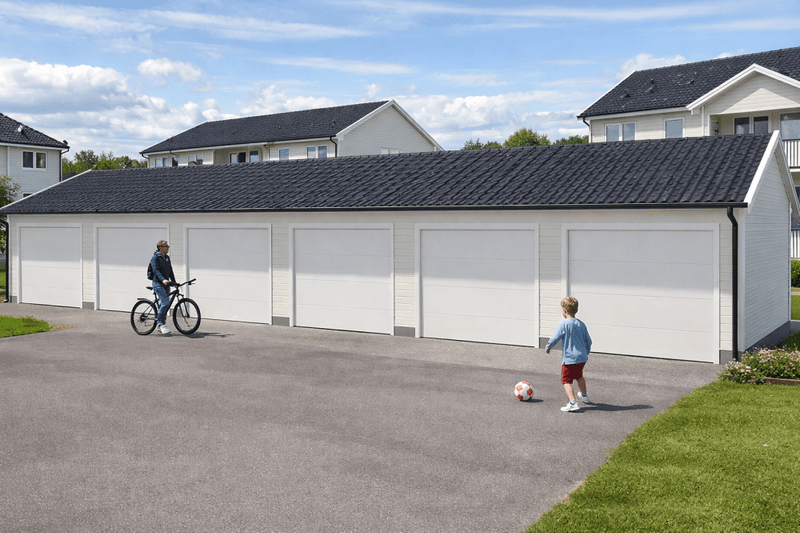 Fleksibel rekkegarasje – 3 meter plasser med saltak og innvendige skillevegger