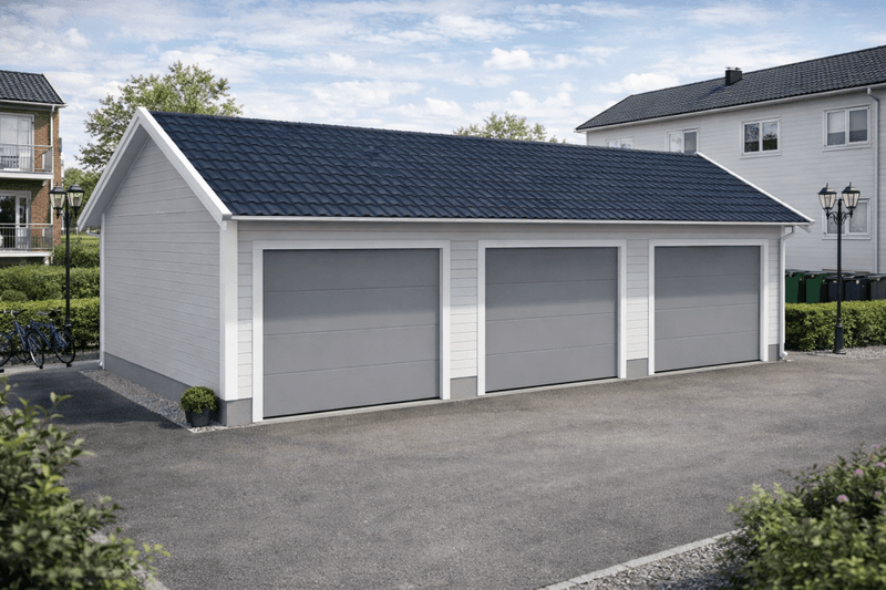 Fleksibel rekkegarasje – 3 meter plasser med saltak og innvendige skillevegger