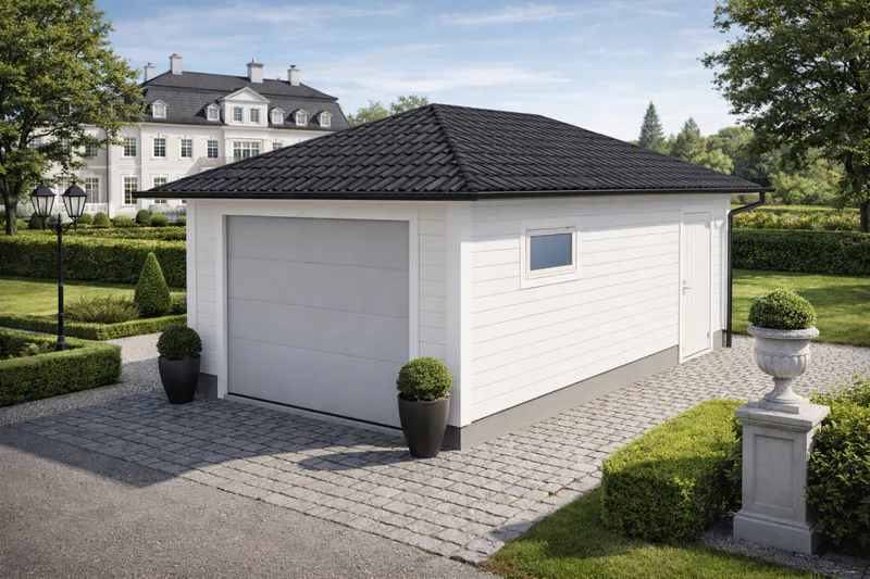 Enkelgarasje 3,6 × 6,0 m – helvalmet tak, ferdige elementer