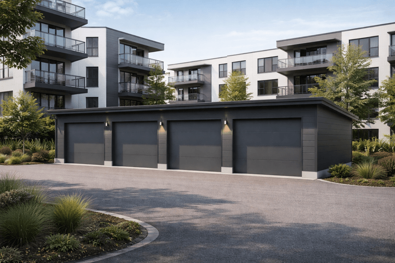 Fleksibel rekkegarasje – 3 meter plasser med pulttak og innvendige skillevegger