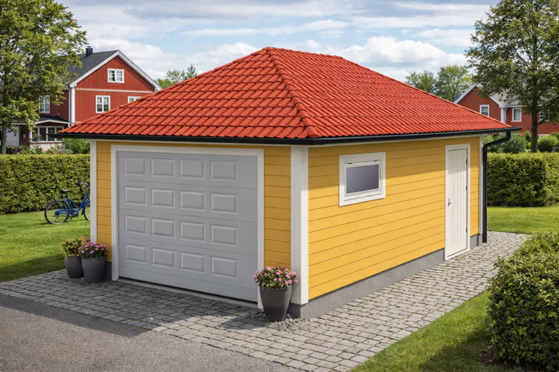 Enkelgarasje 3,6 × 6,0 m – helvalmet tak, ferdige elementer